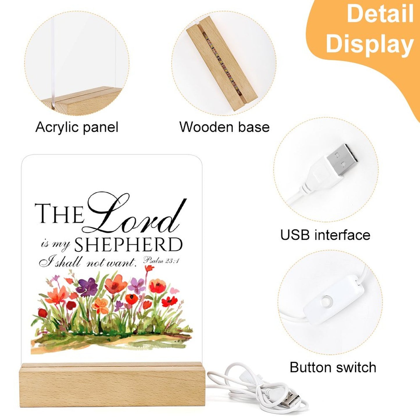 Psalm 23:1 The Lord Is My Shepherd Christian Acrylic Night Light with Wooden Base Christian Gift Idea