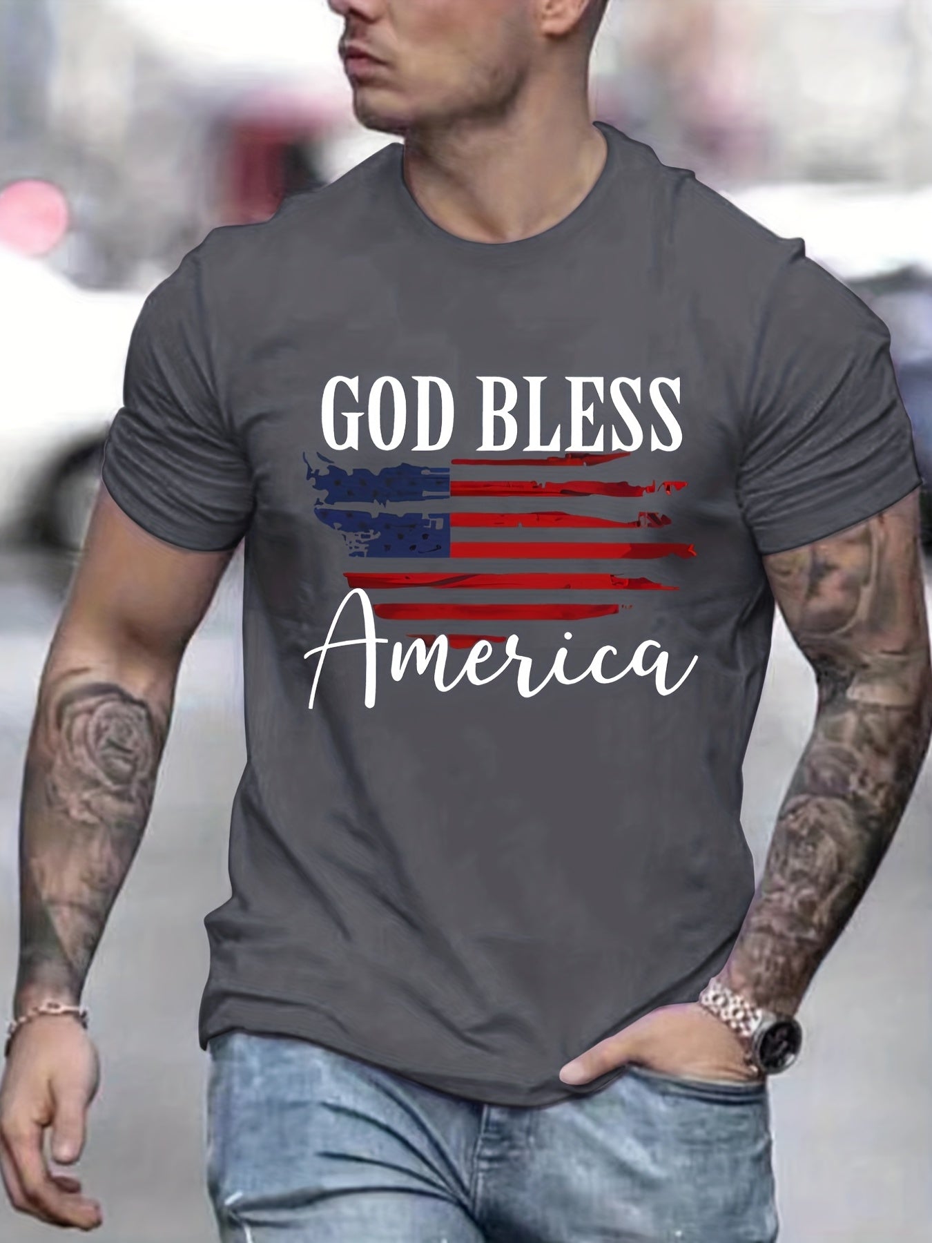 'God Bless America' Patriotic American Flag Men's Christian T-shirt claimedbygoddesigns