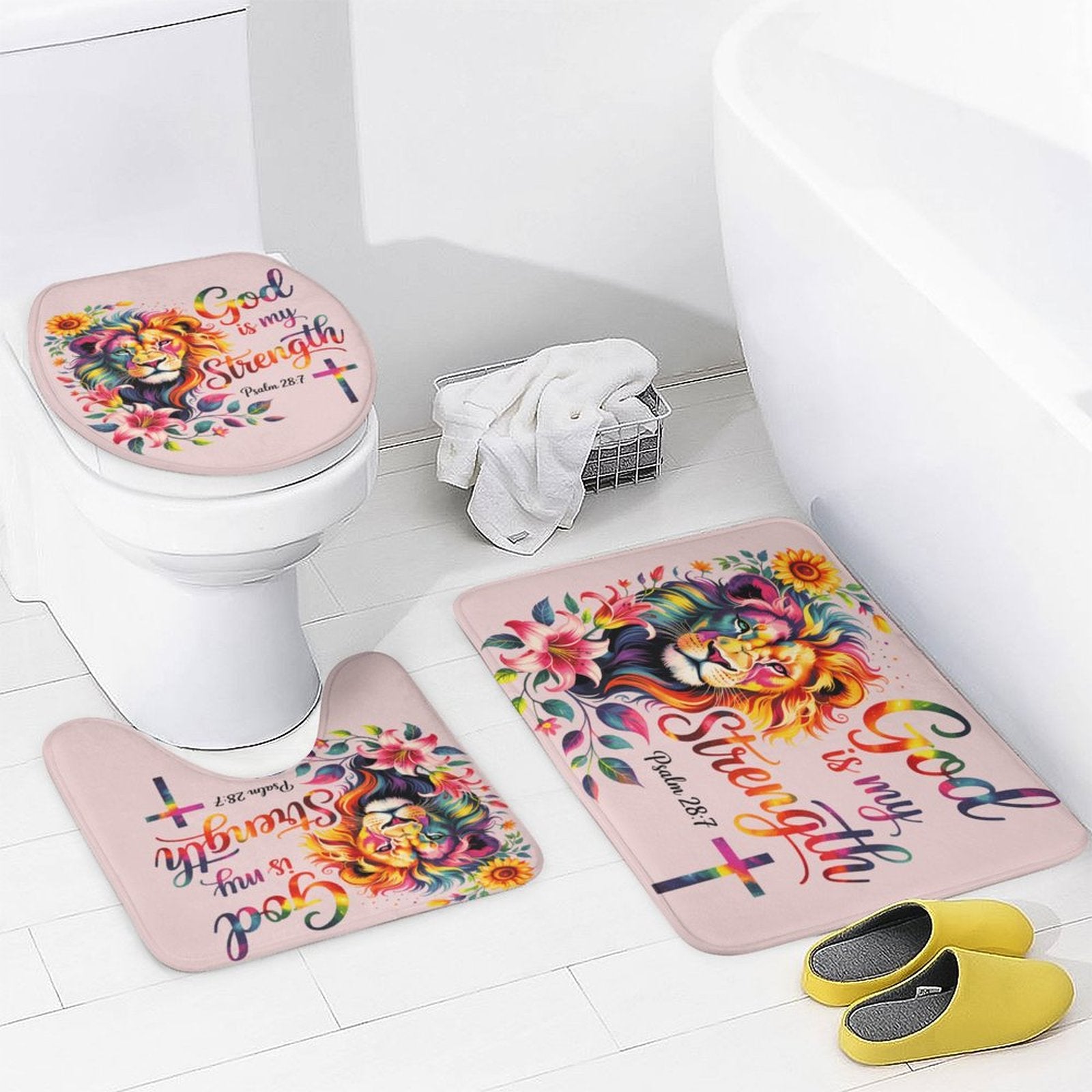 He Is My Strength Christian Shower Curtain Set with a shower curtain, a bath rug, a contour rug and a toilet lid cover. - ClaimedbyGodDesigns