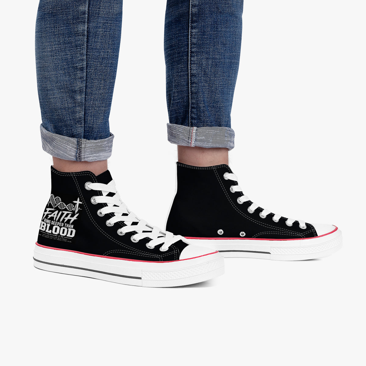 Faith Runs Deeper Than Blood unisex Christian high-top canvas sneakers, view 7