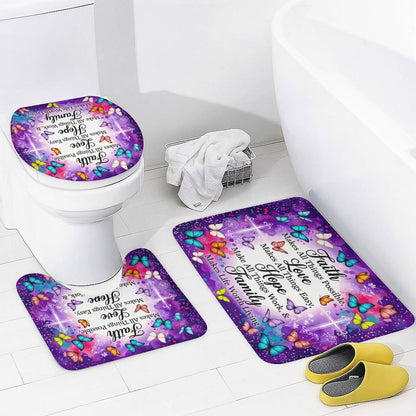 Faith Love Hope Family Christian Shower Curtain Set with a bath rug, a contour rug and a toilet lid - ClaimedbyGodDesigns