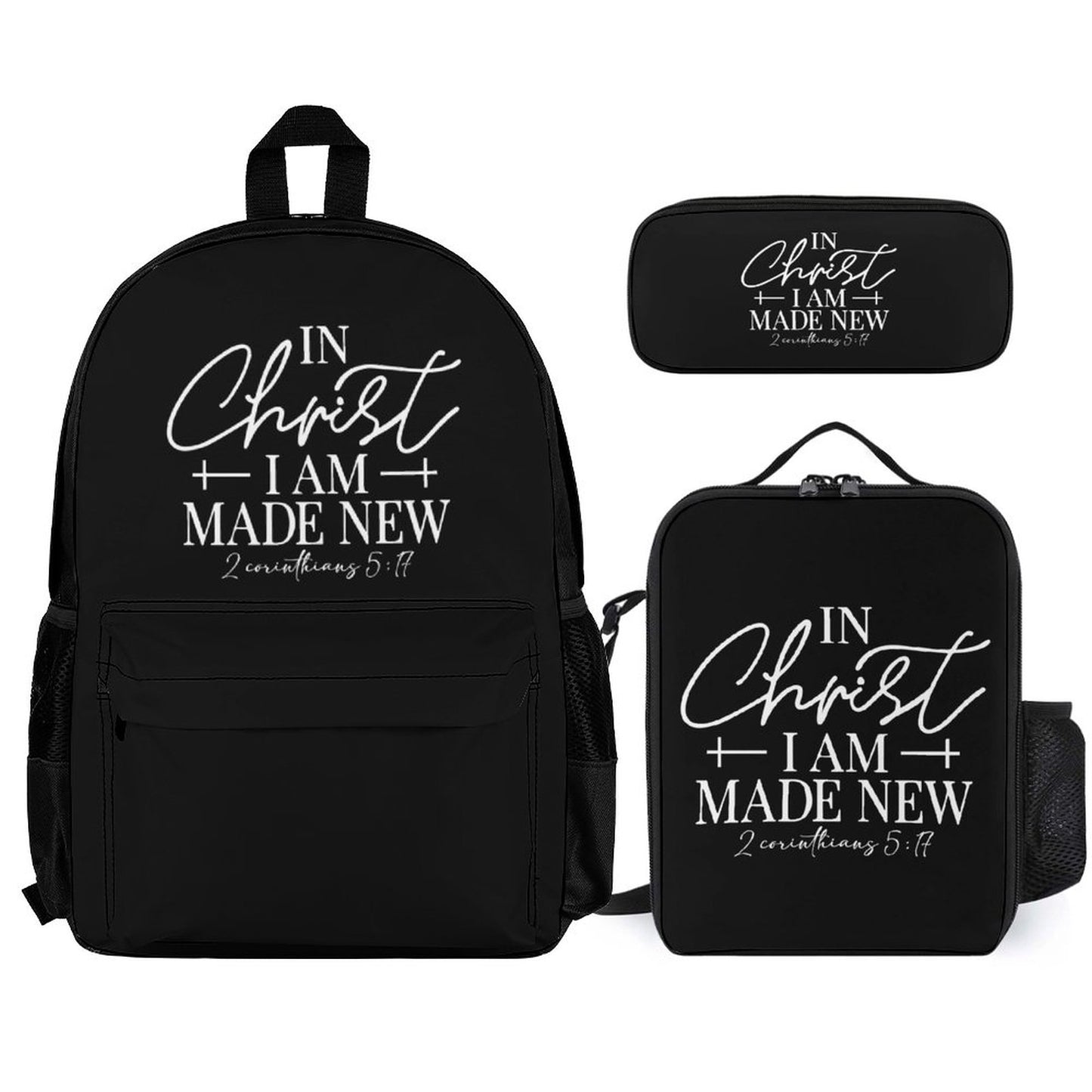 2 Corinthians 5:17 In Christ I Am Made New Set of 3 Christian Bags (Shoulder Bag Lunch Bag & Pencil Pouch)