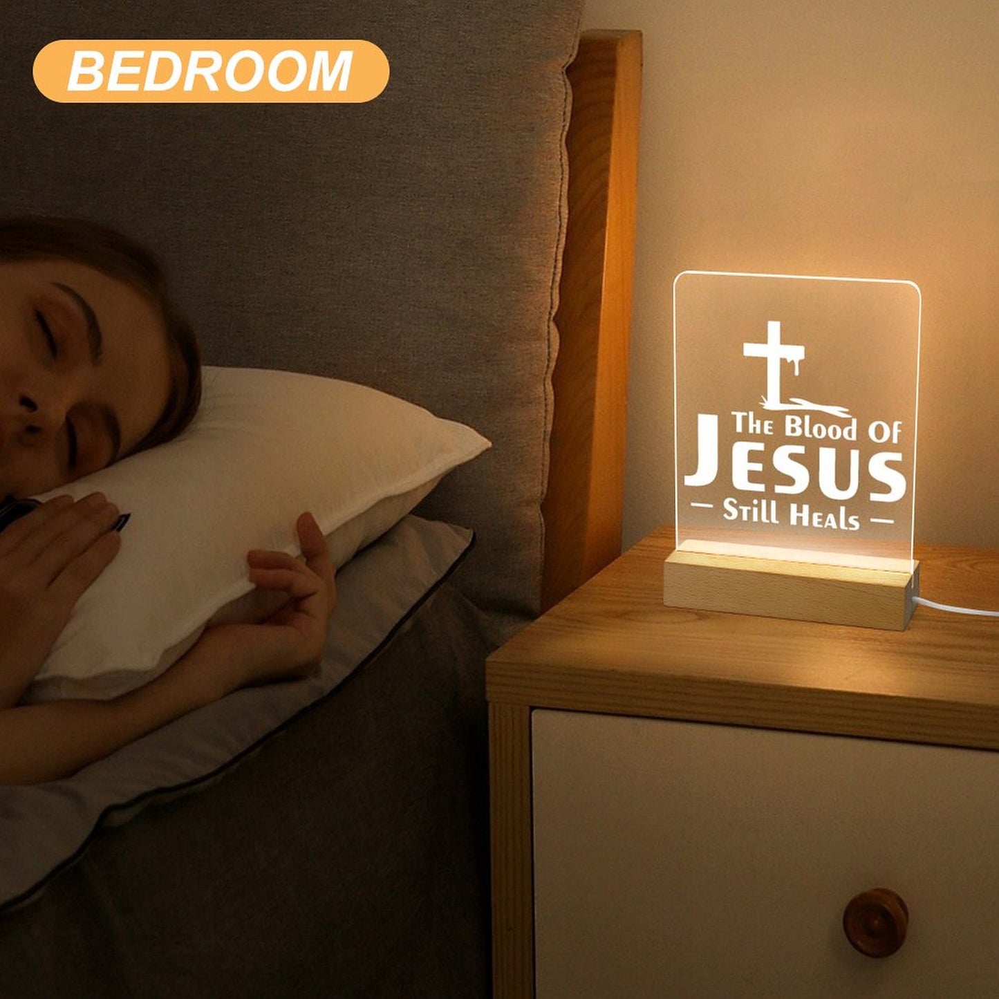 The Blood Of Jesus Still Heals Christian Acrylic Night Light with Wooden Base Christian Gift Idea