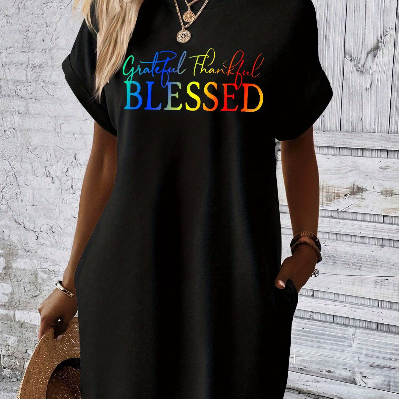 Grateful Thankful Blessed Women's Christian T-shirt Casual Dresses claimedbygoddesigns