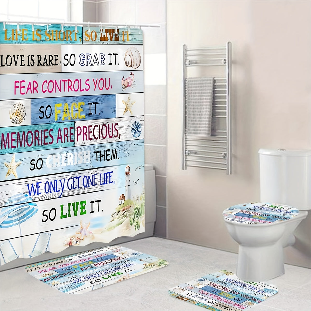 Life Is Short So Live It Christian Shower Curtain With 12 Hooks, Non-Slip Bathroom Rug, Toilet U-Shape Mat, Toilet Lid Cover Pad 1 or 4pcs 70.8x70.8in claimedbygoddesigns