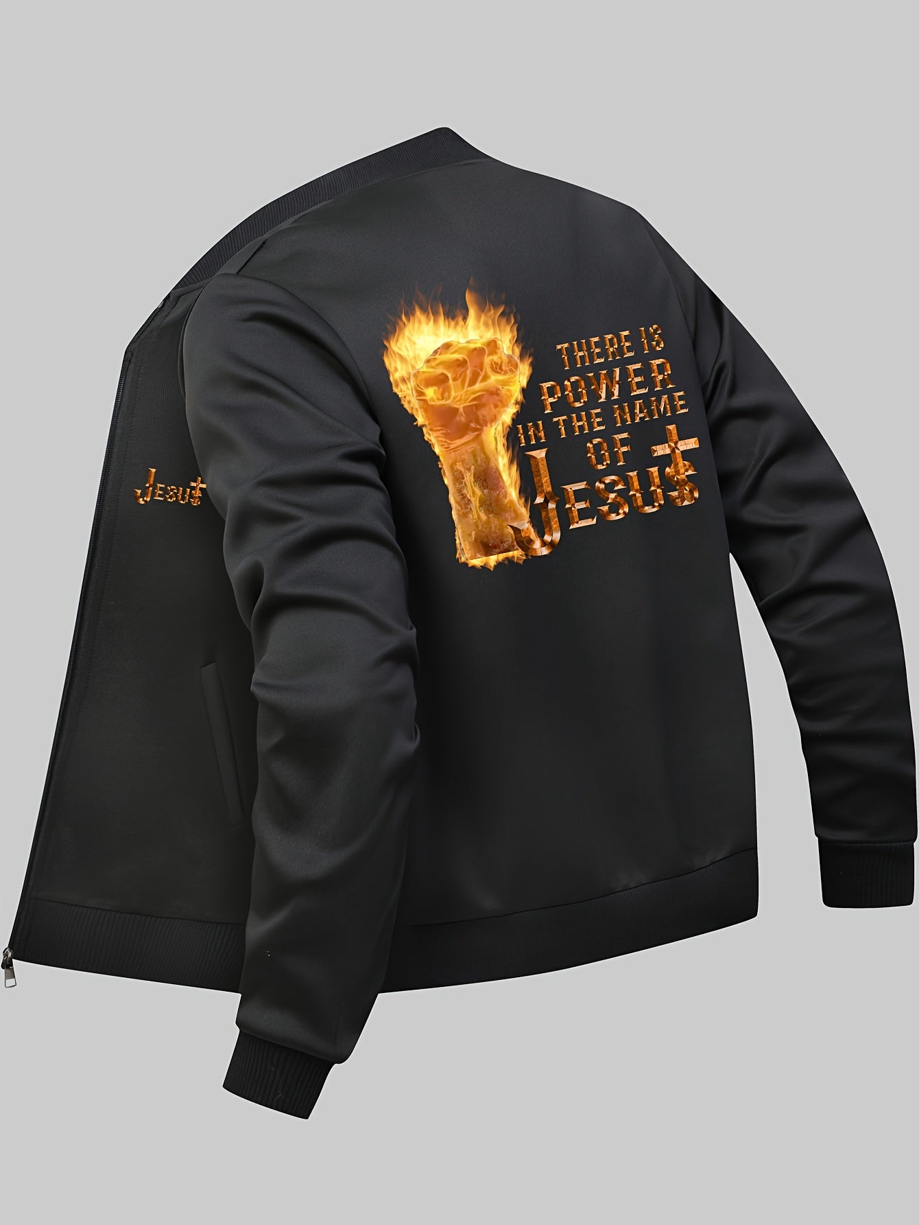 Men's Power In The Name Of Jesus Print Bomber Jacket, Casual Zip-up Jacket With Pockets claimedbygoddesigns