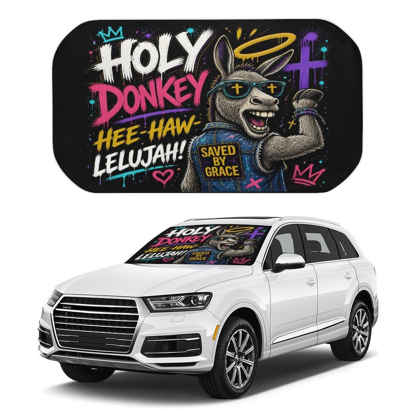 Holy Donkey — Hee‑Haw‑lelujah Christian Car Sunshade Umbrella - ClaimedbyGodDesigns