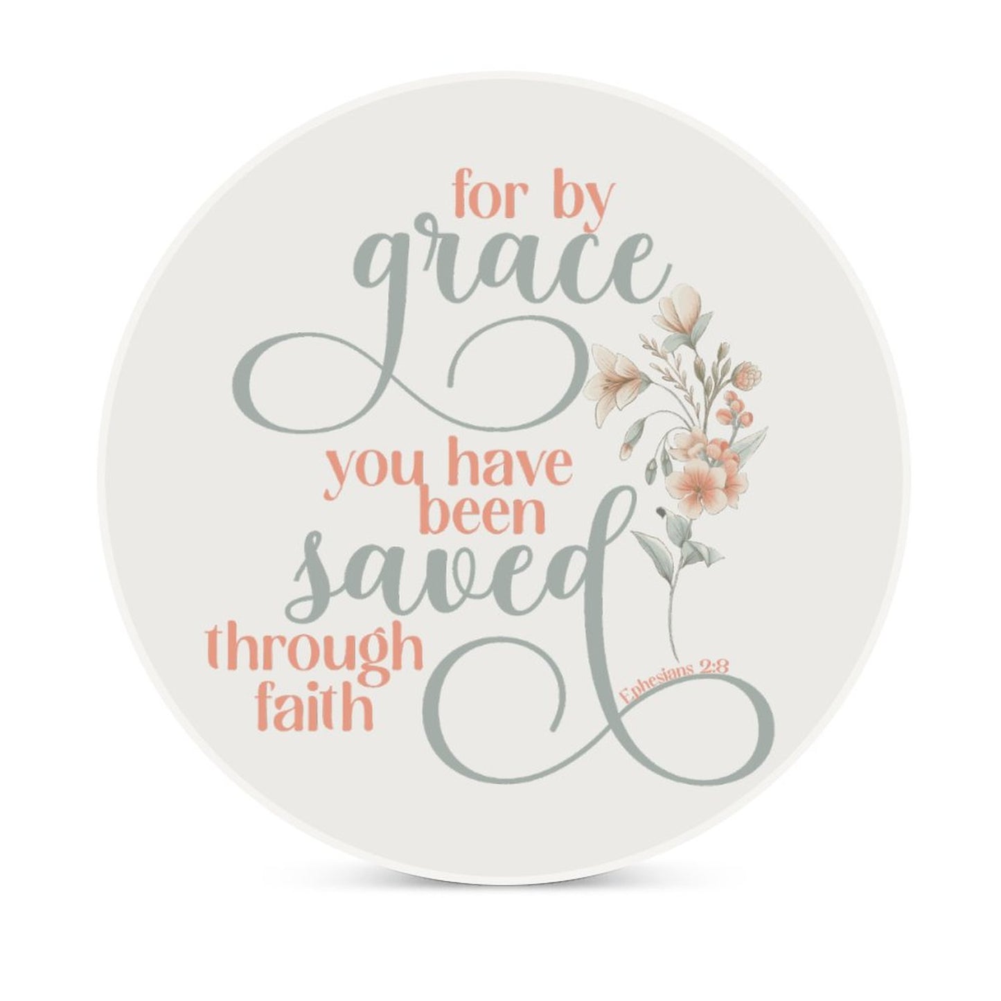 Saved Through Faith Christian Round Ceramic Coaster - ClaimedbyGodDesigns