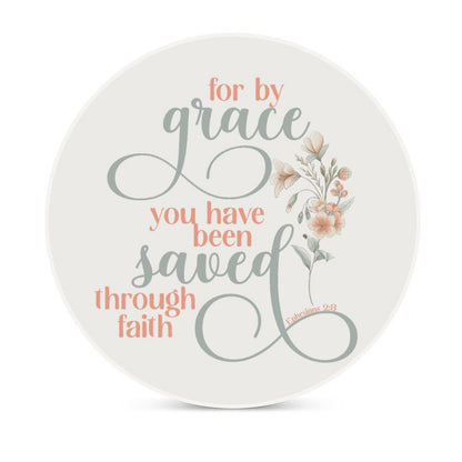 Saved Through Faith Christian Round Ceramic Coaster - ClaimedbyGodDesigns