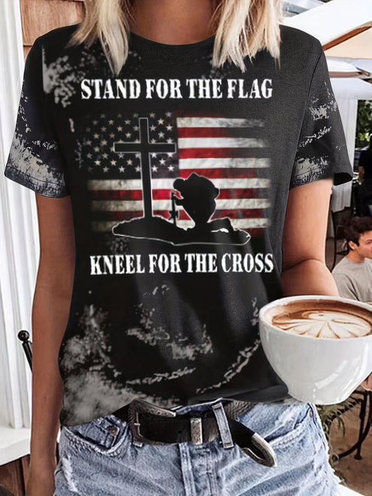 Stand For The Flag Kneel For The Cross Patriotic American Flag Women's Christian T-shirt claimedbygoddesigns