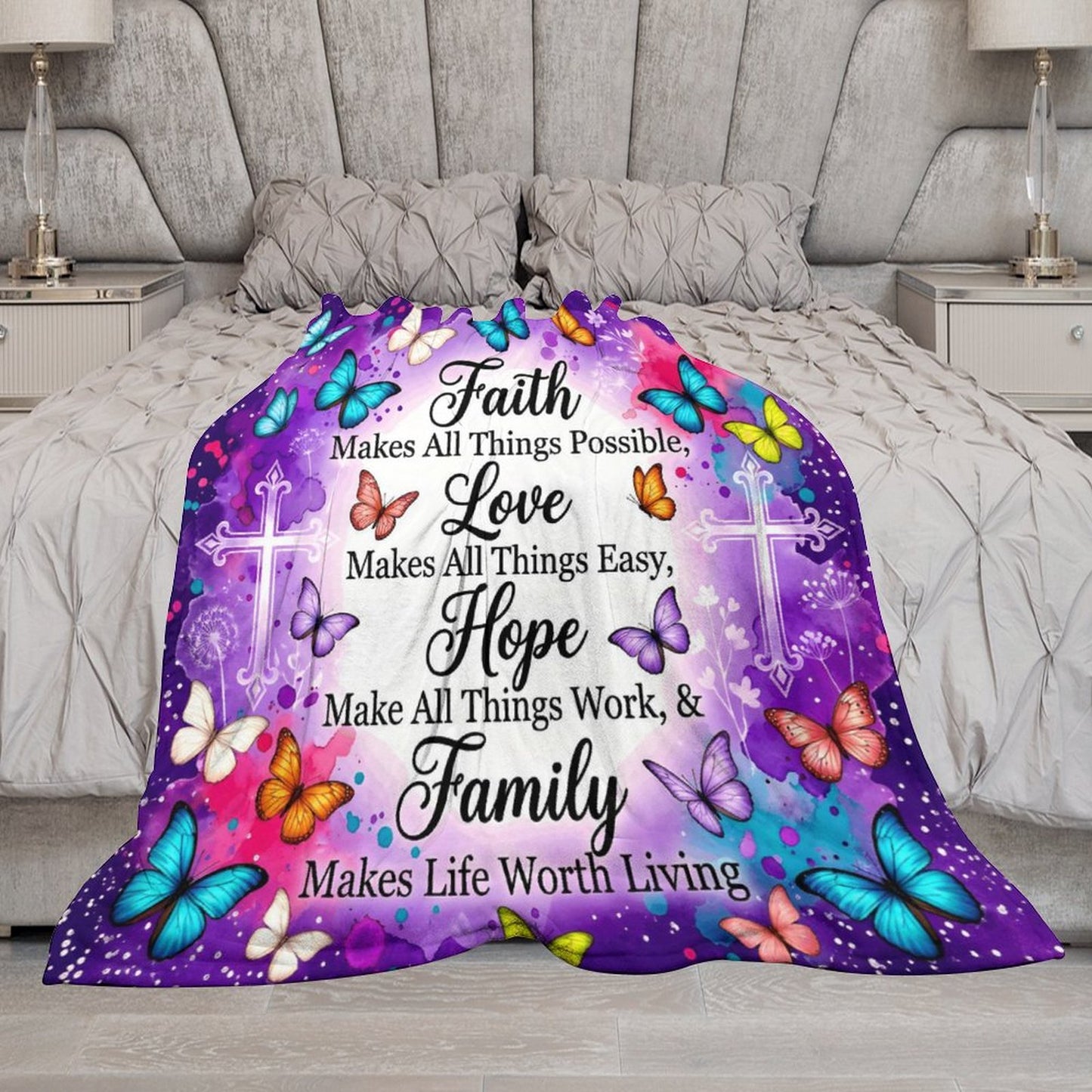 Faith Love Hope Family Christian Flannel Blanket (50"×60") - ClaimedbyGodDesigns