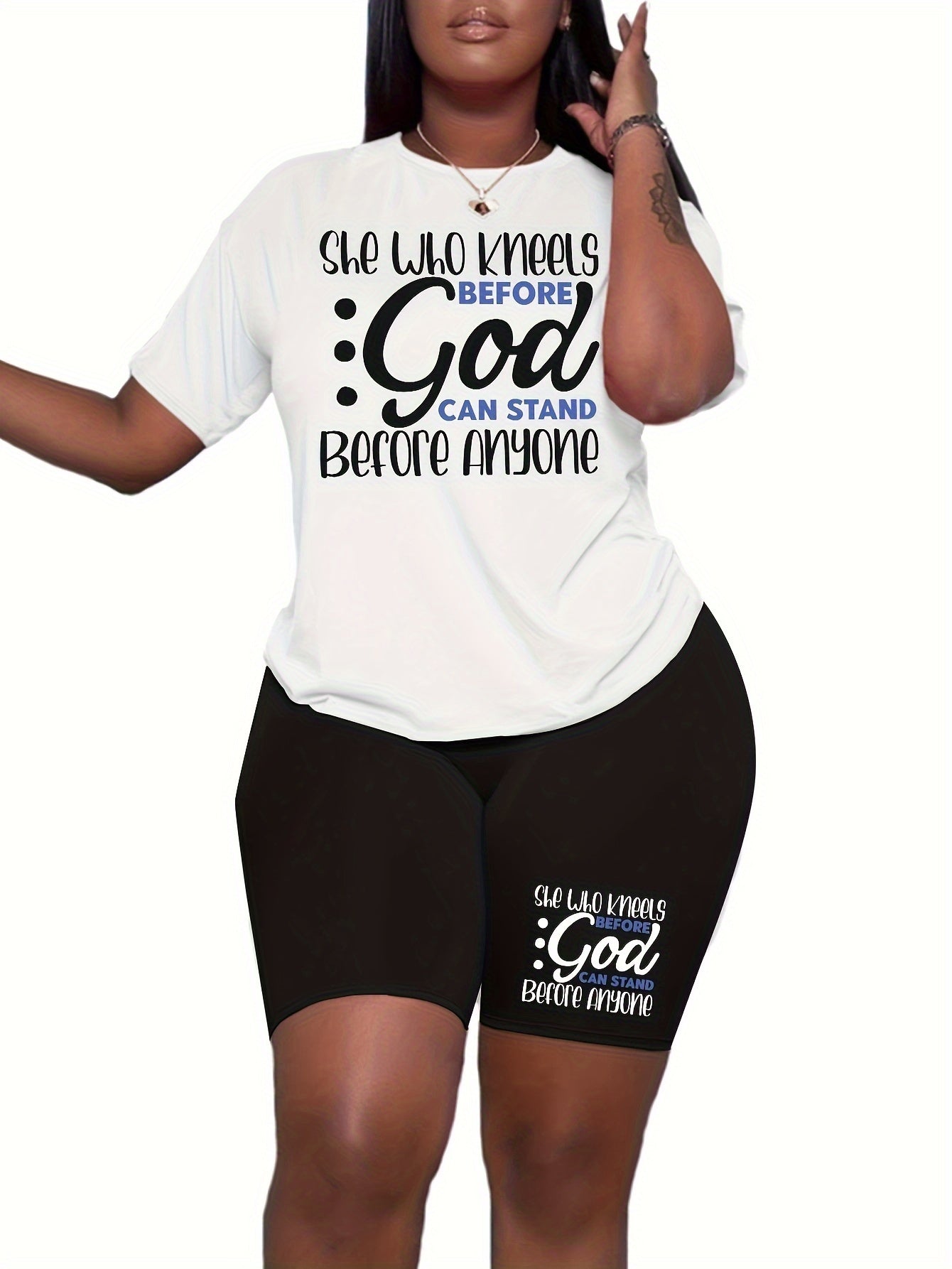 She Who Kneels Before God Can Stand Before Anyone Plus Size Women's Christian Casual Outfit claimedbygoddesigns