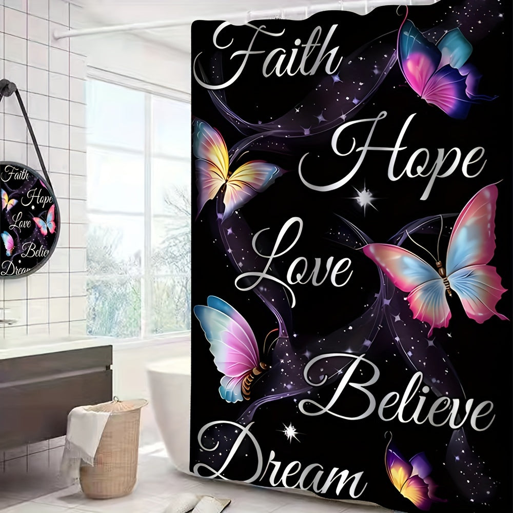 Faith Hope Love Believe Dream Christian Shower Curtain With 12 Hooks, Non-Slip Bathroom Rug, Toilet U-Shape Mat, Toilet Lid Cover Pad 4pcs claimedbygoddesigns