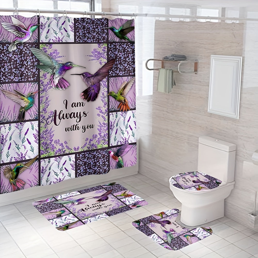 4pcs I Am Always With You Christian Shower Curtain Set,  Including Waterproof Shower Curtain, Non-Slip Rug, Toilet Cover Mat, U-shape Bath Mat And 12 Plastic Hooks claimedbygoddesigns