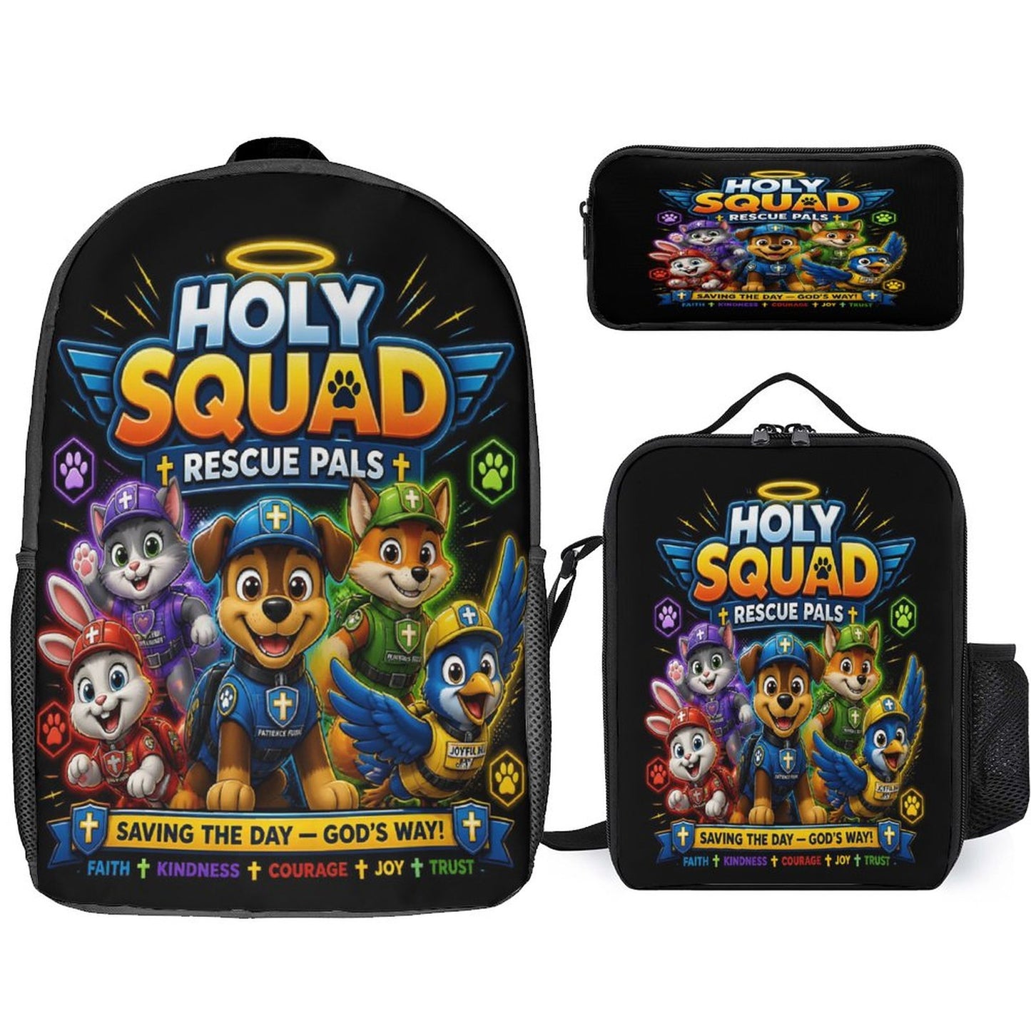 Holy Squad Rescue Pals (2) Christian 3 PCS Bag Set (Backpack, Lunch Bag and Pencil Case) - ClaimedbyGodDesigns