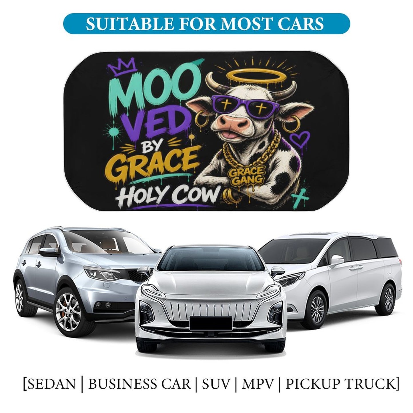 Moo‑ved by Grace — Holy Cow Christian Car Sunshade Umbrella - ClaimedbyGodDesigns