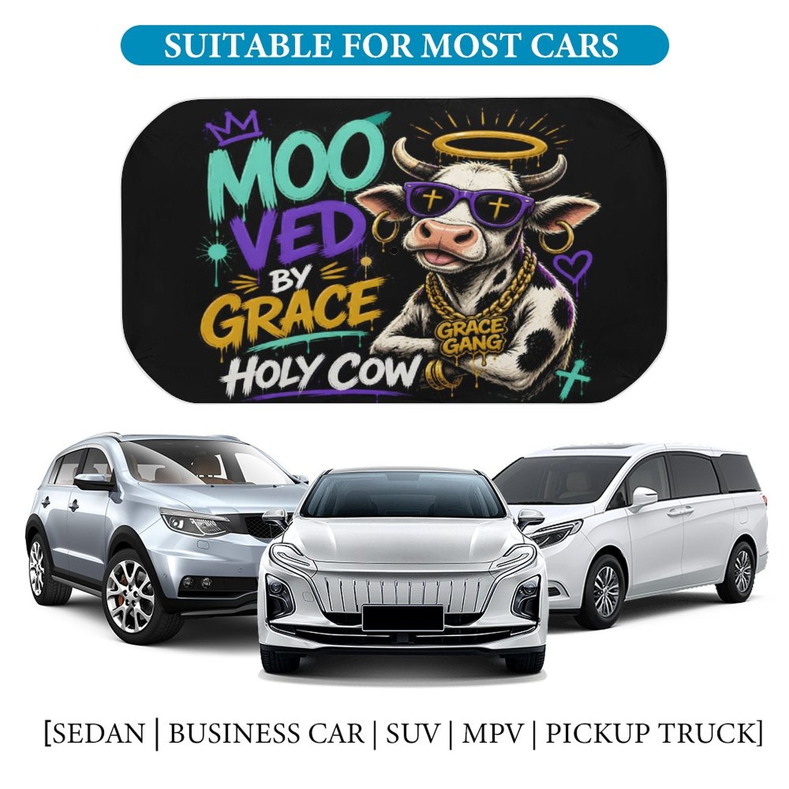 Moo‑ved by Grace — Holy Cow Christian Car Sunshade Umbrella - ClaimedbyGodDesigns