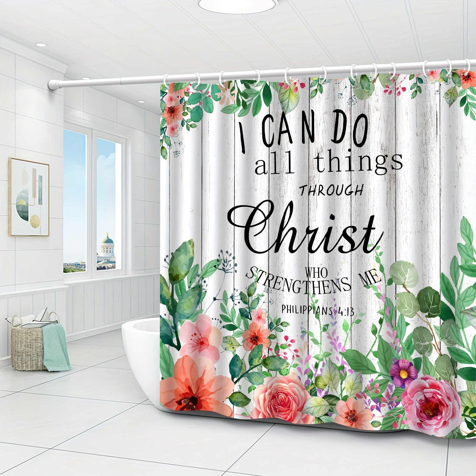 I Can Do All Things Through Christ (floral) Christian Shower Curtain With Hooks claimedbygoddesigns