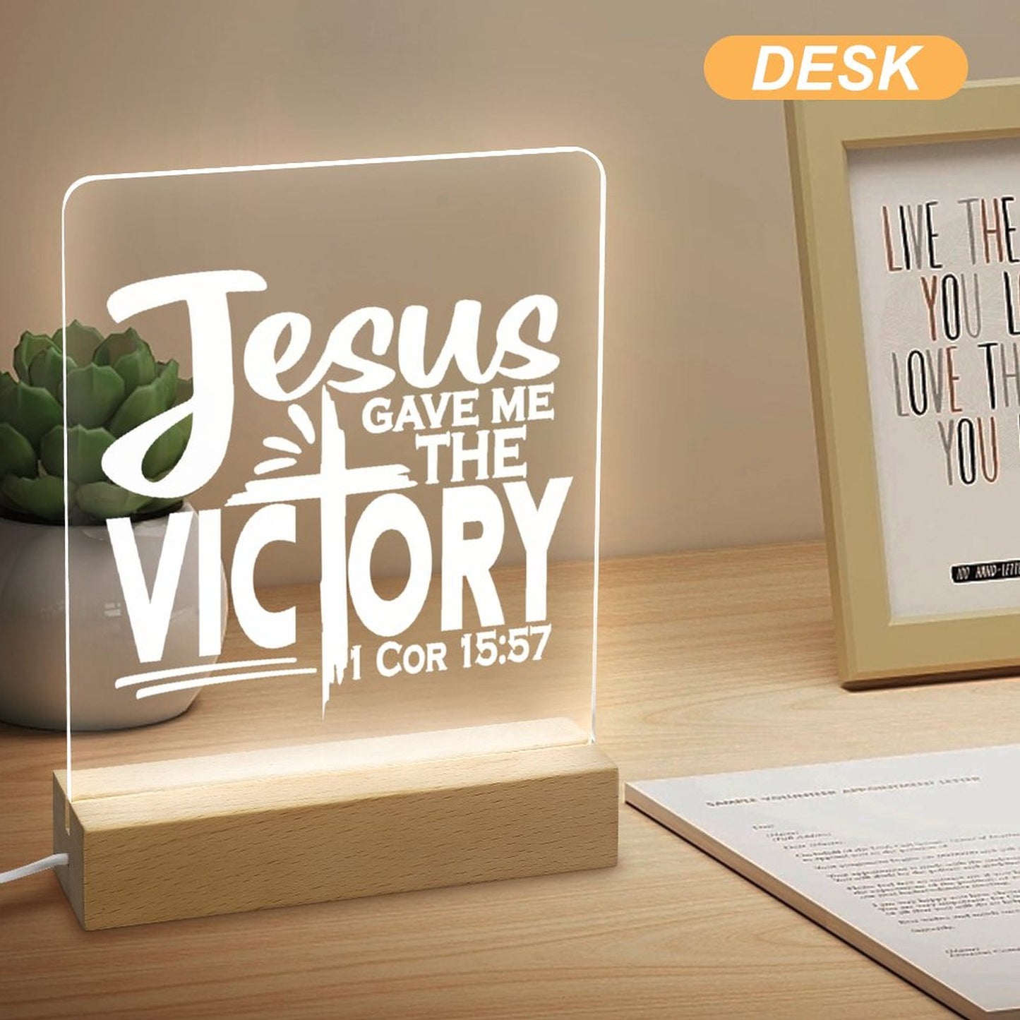 Jesus Gave Me The Victory Christian Acrylic Night Light with Wooden Base Christian Gift Idea