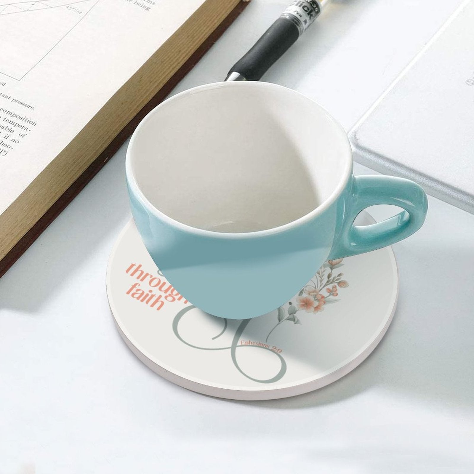 Saved Through Faith Christian Round Ceramic Coaster - ClaimedbyGodDesigns