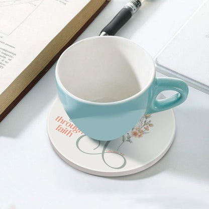 Saved Through Faith Christian Round Ceramic Coaster - ClaimedbyGodDesigns