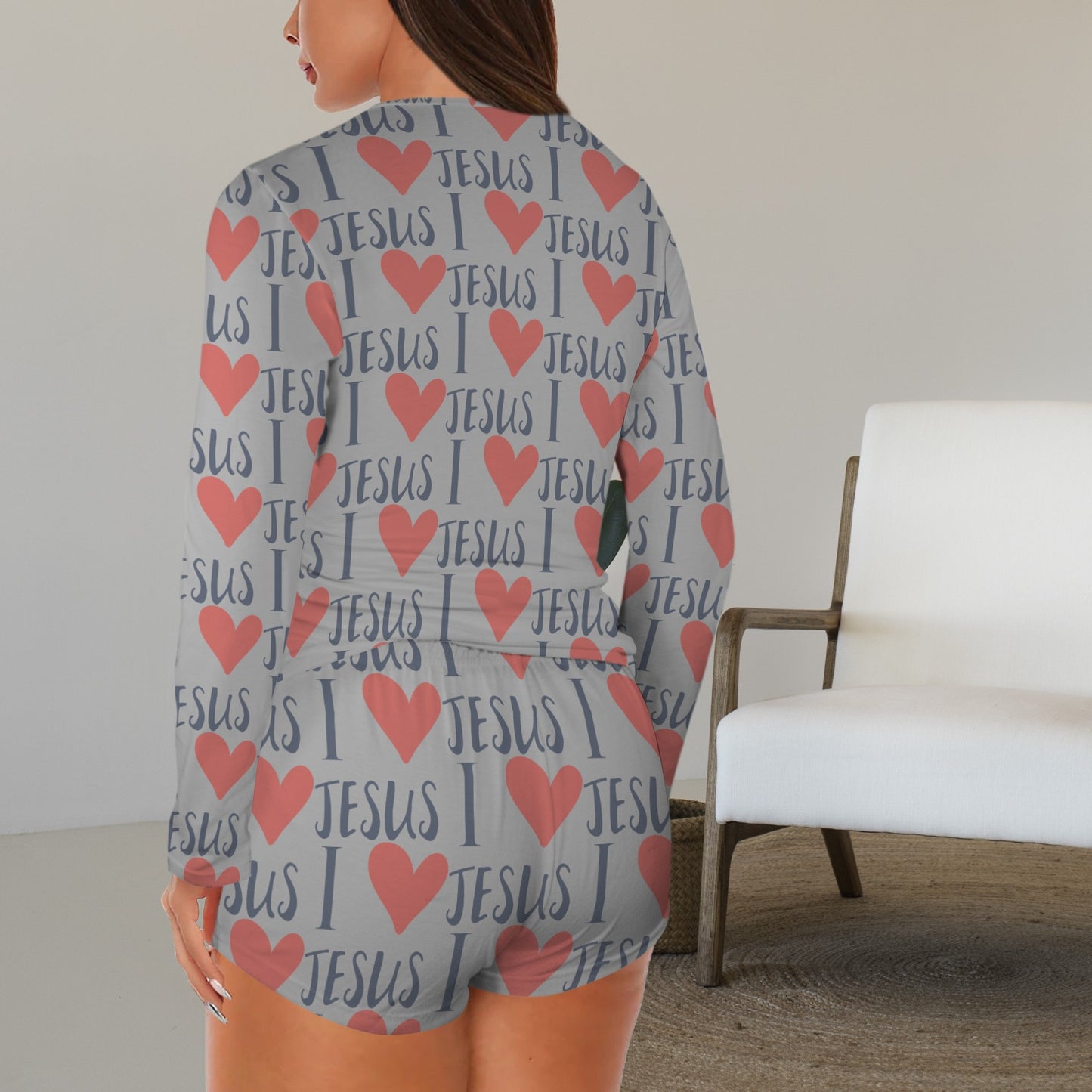 I love Jesus Women's Long Sleeves&Shorts Button Christian Pajama Set