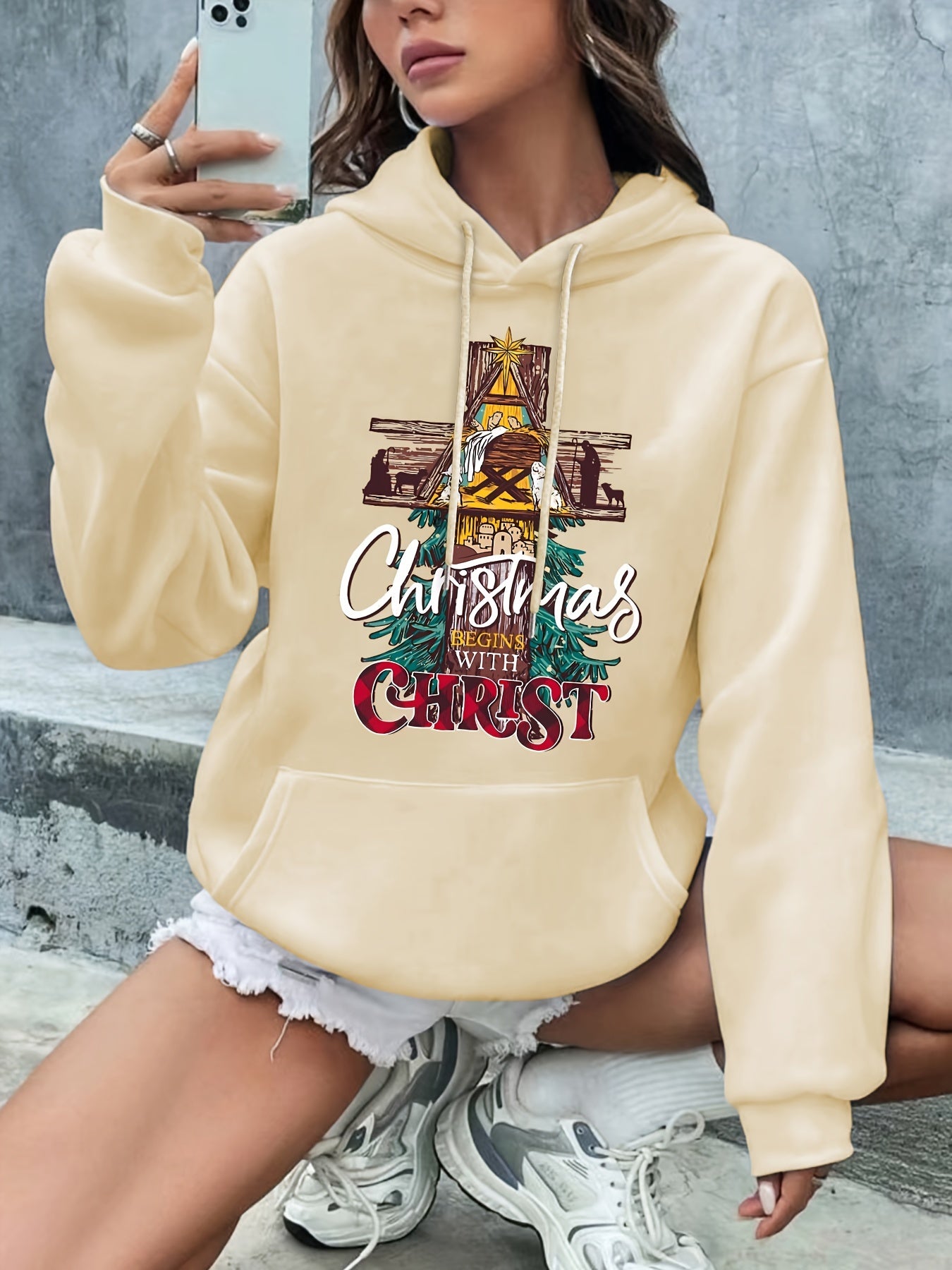Christmas Begins With Christ Women's Christian Pullover Hooded Sweatshirt claimedbygoddesigns