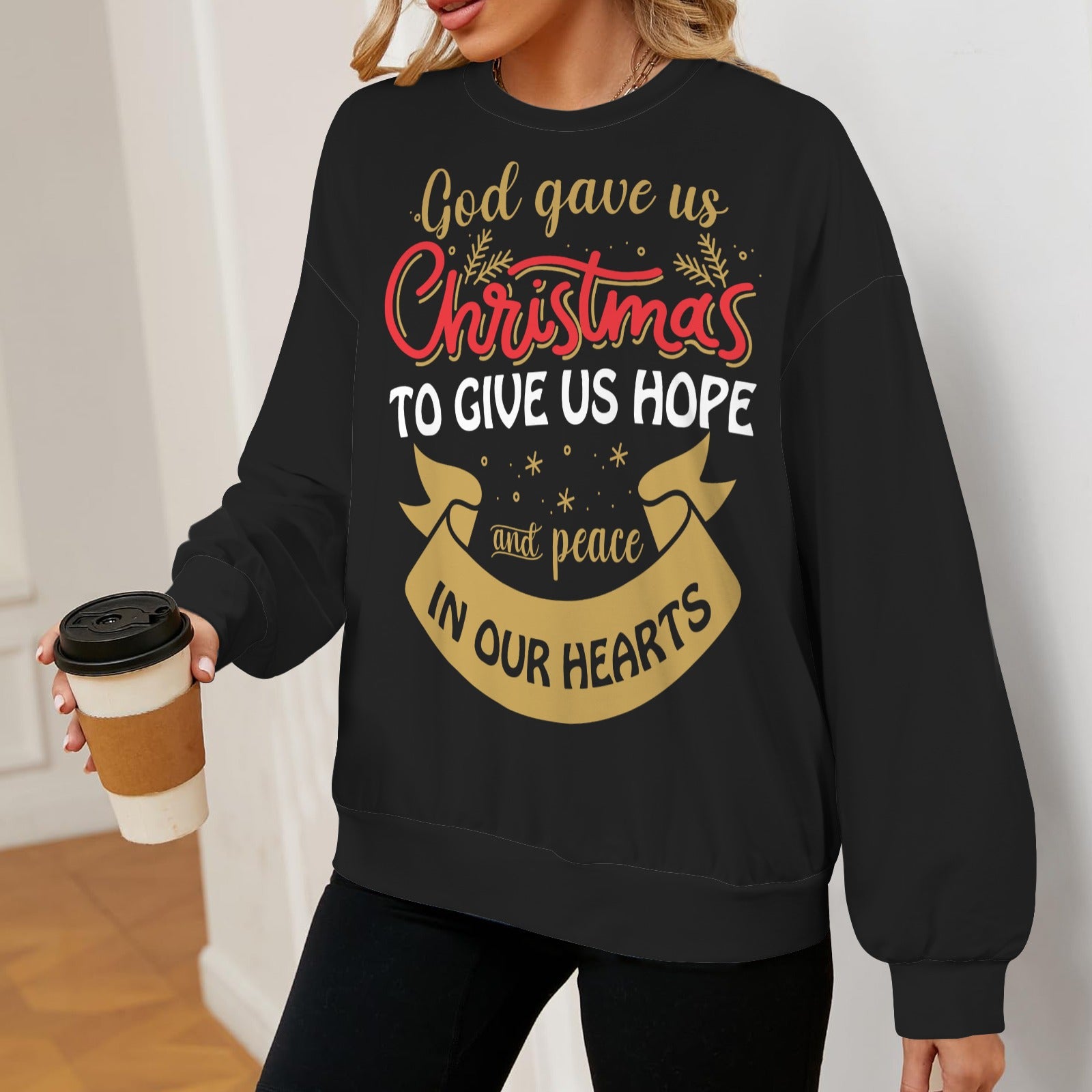 God Gave Us Christmas Christian Oversized Crew Neck Pullover Sweatshirt