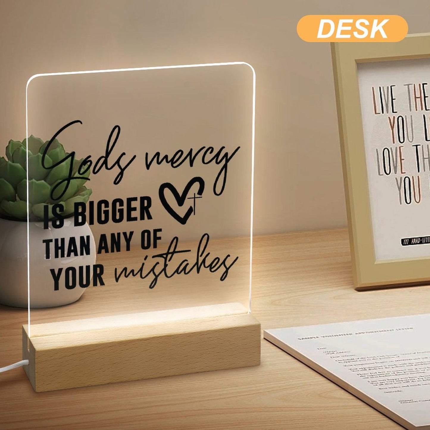 God's Mercy Is Bigger Than Any Of Your Mistakes Christian Acrylic Night Light with Wooden Base Christian Gift Idea