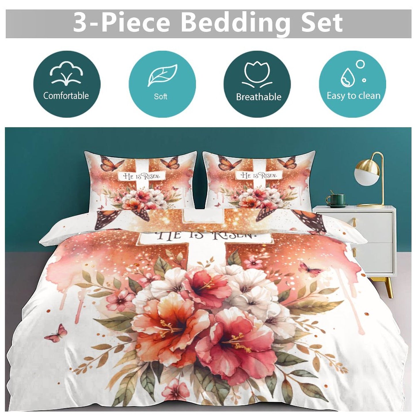 He Is Risen 3-Piece Christian Comforter Bedding Set-86"×70"/ 218×177cm SALE-Personal Design