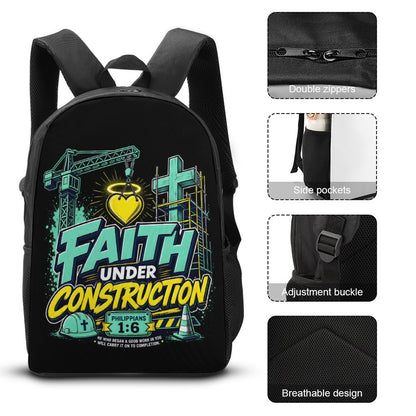 Faith Under Construction Christian 3 PCS Bag Set (Backpack, Lunch Bag and Pencil Case) - ClaimedbyGodDesigns
