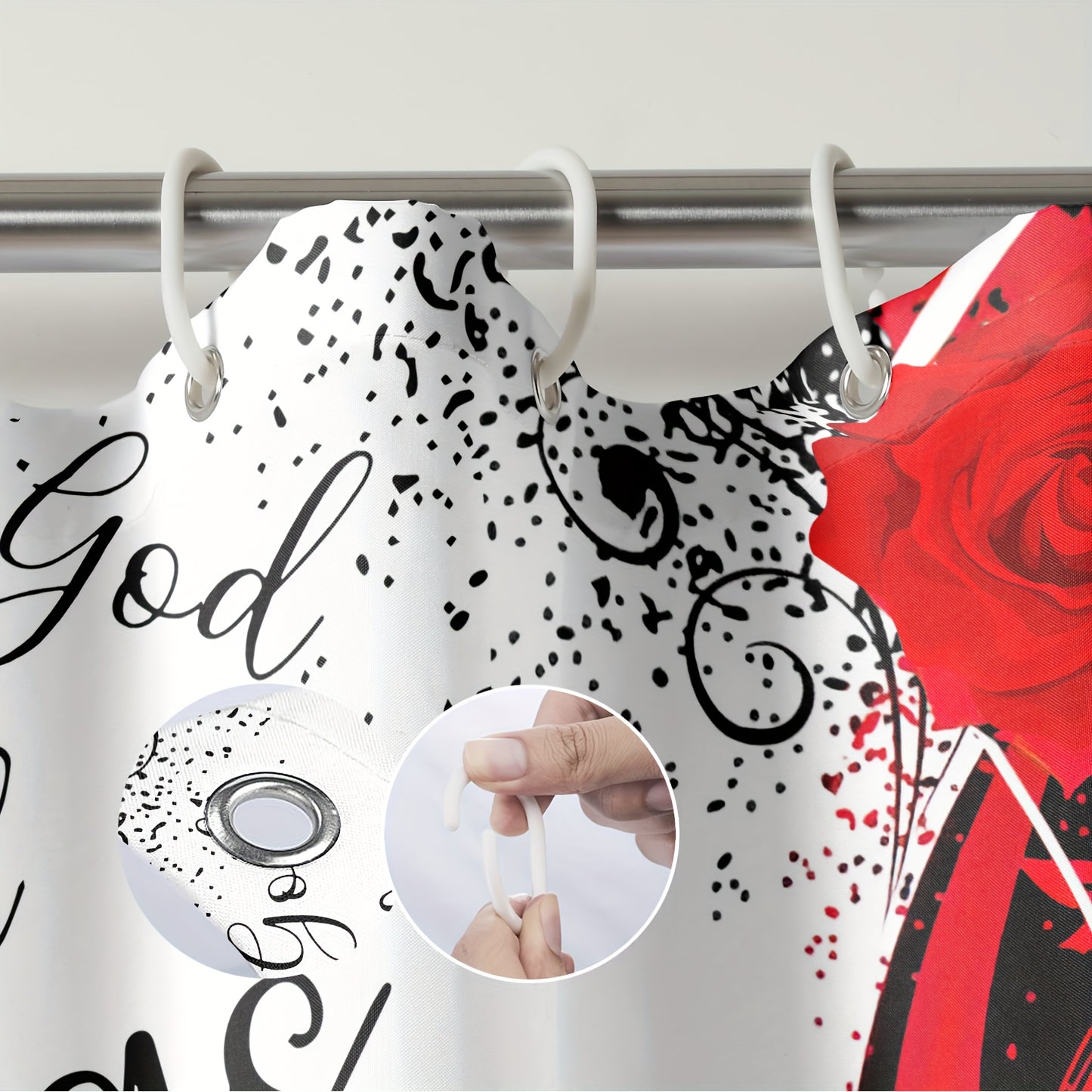 1/4pcs With God All Things Are Possible (Red Rose) Christian Shower Curtain Set, , Bath Mat, Contour Mat, Toilet Cover, Fabric Waterproof Bath Curtain claimedbygoddesigns