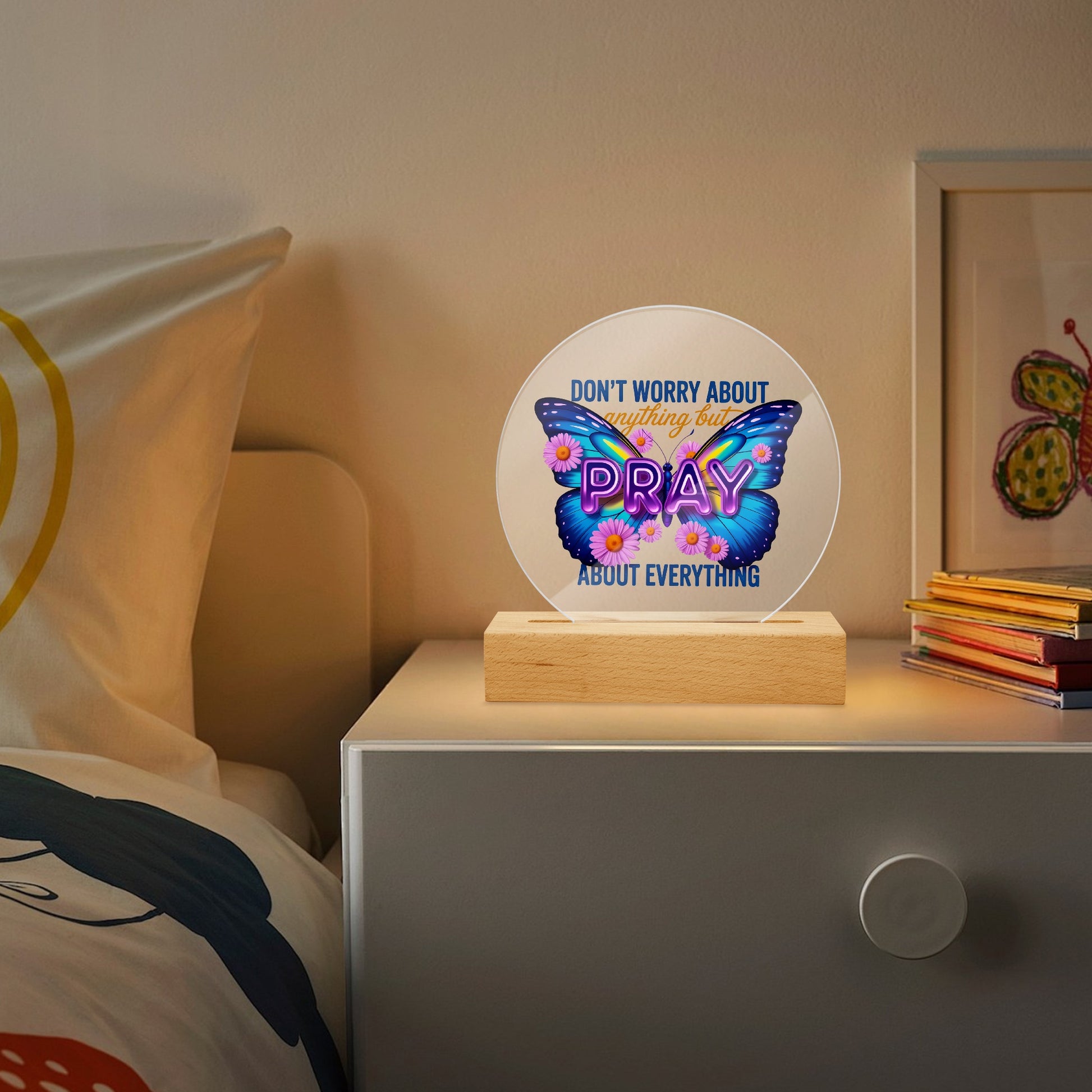 Pray About Everything Christian Acrylic Plaque with Stand - Round - ClaimedbyGodDesigns