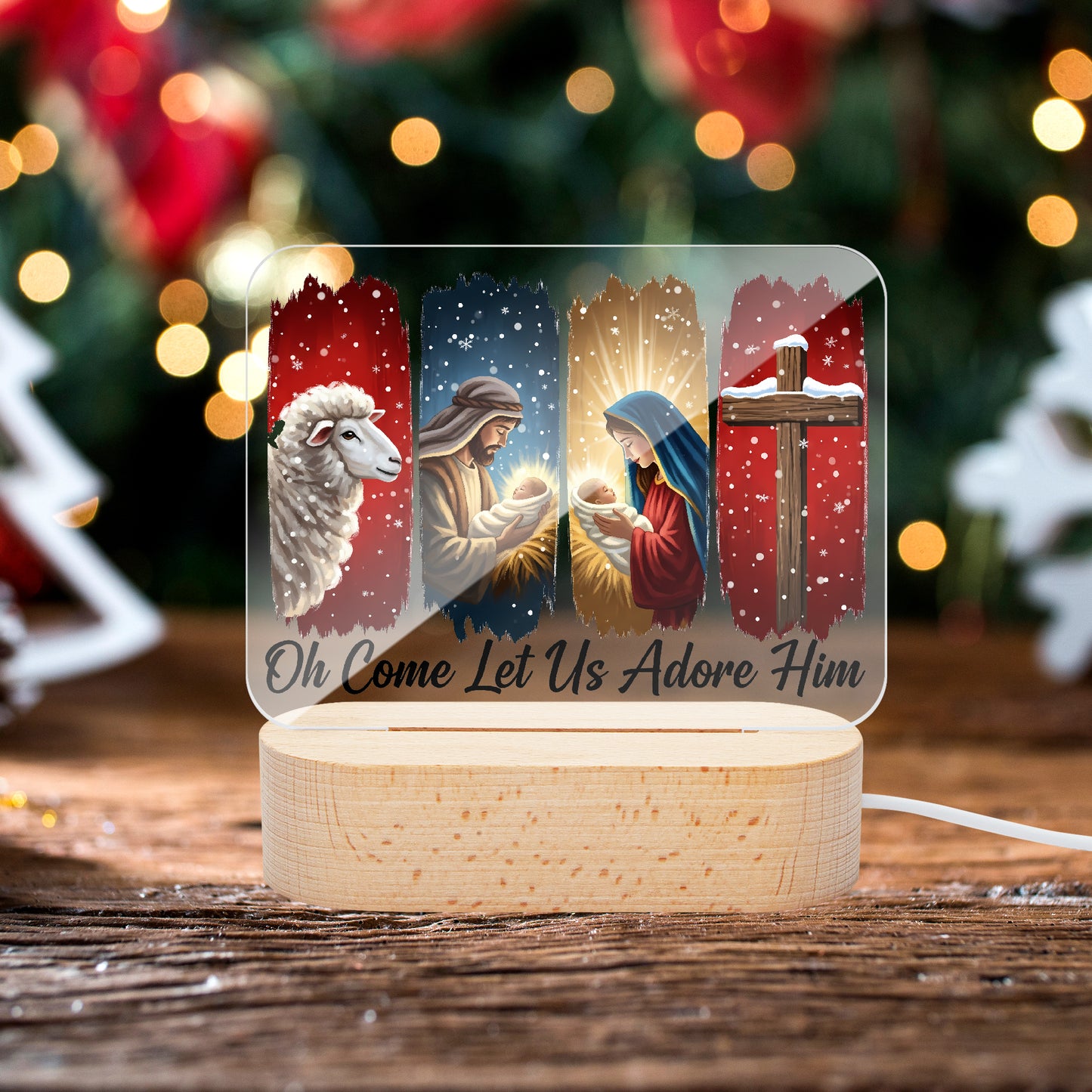 Oh Come Let Us Adore Him Christian Christmas Square Acrylic Night Light - ClaimedbyGodDesigns