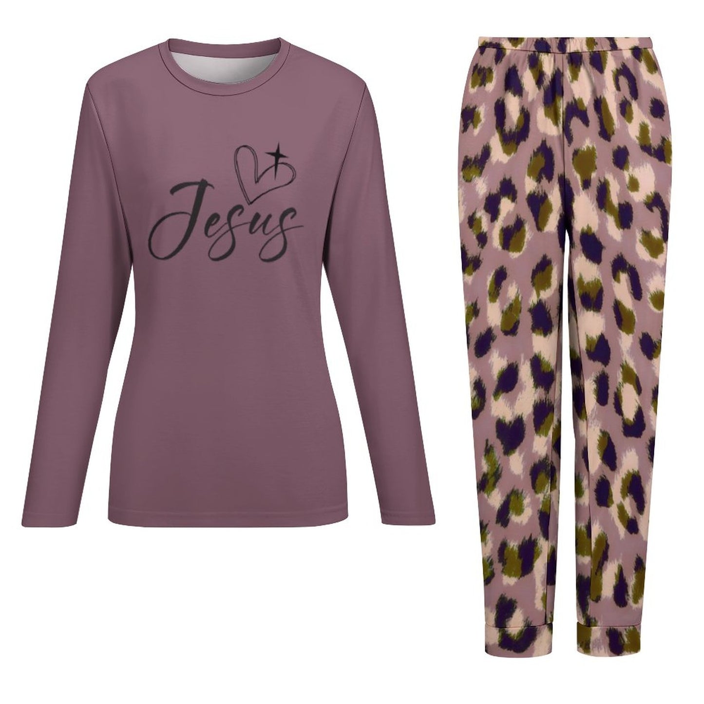 Jesus (cross in heart) Patterned Christian Women's Christian 2 Piece Pajama Set