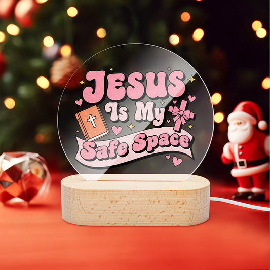 He Is My Safe Space Christian Round Acrylic Night Light - Luminous Base - ClaimedbyGodDesigns