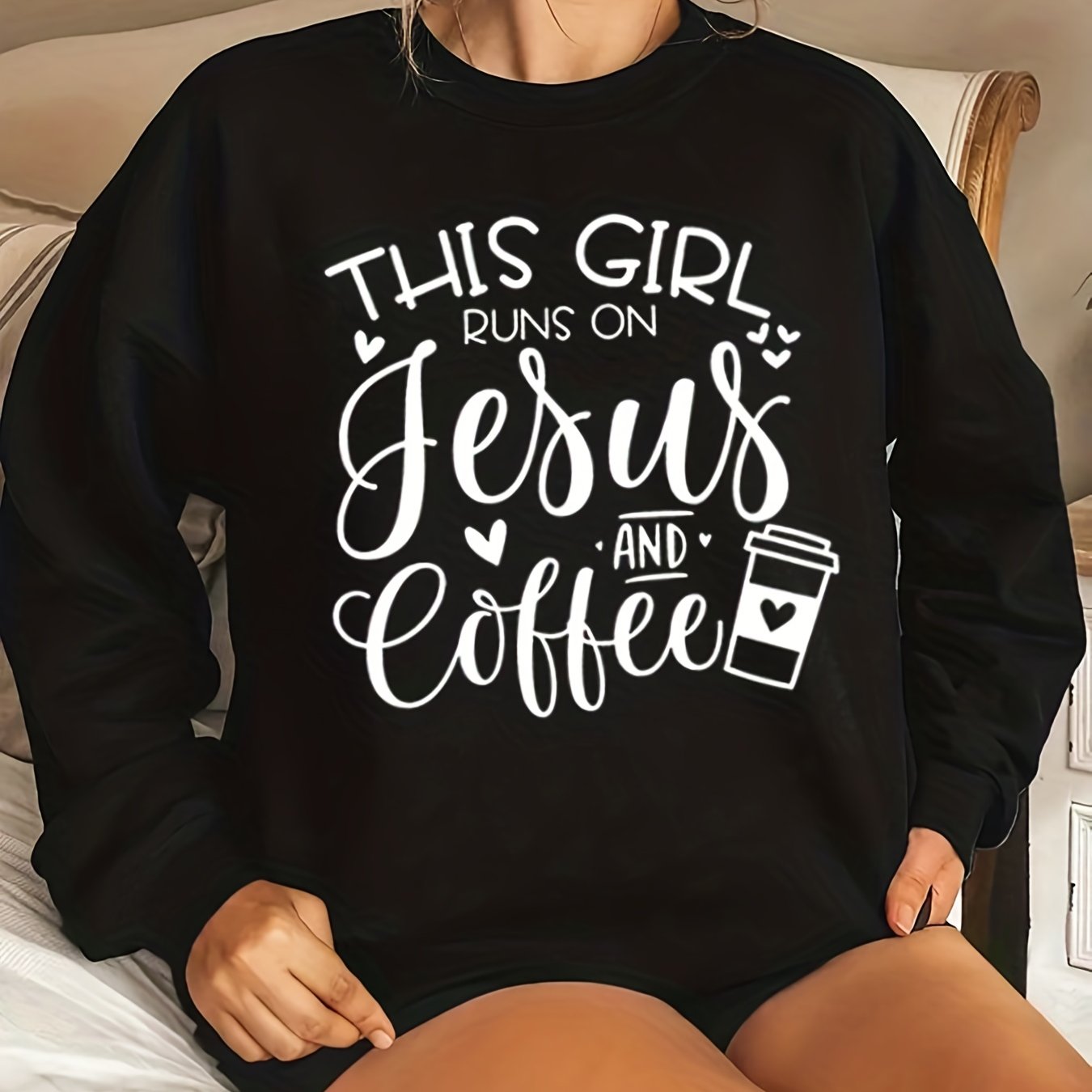 This Girl Runs On Jesus And Coffee Plus Size Women's Pullover Sweatshirt claimedbygoddesigns
