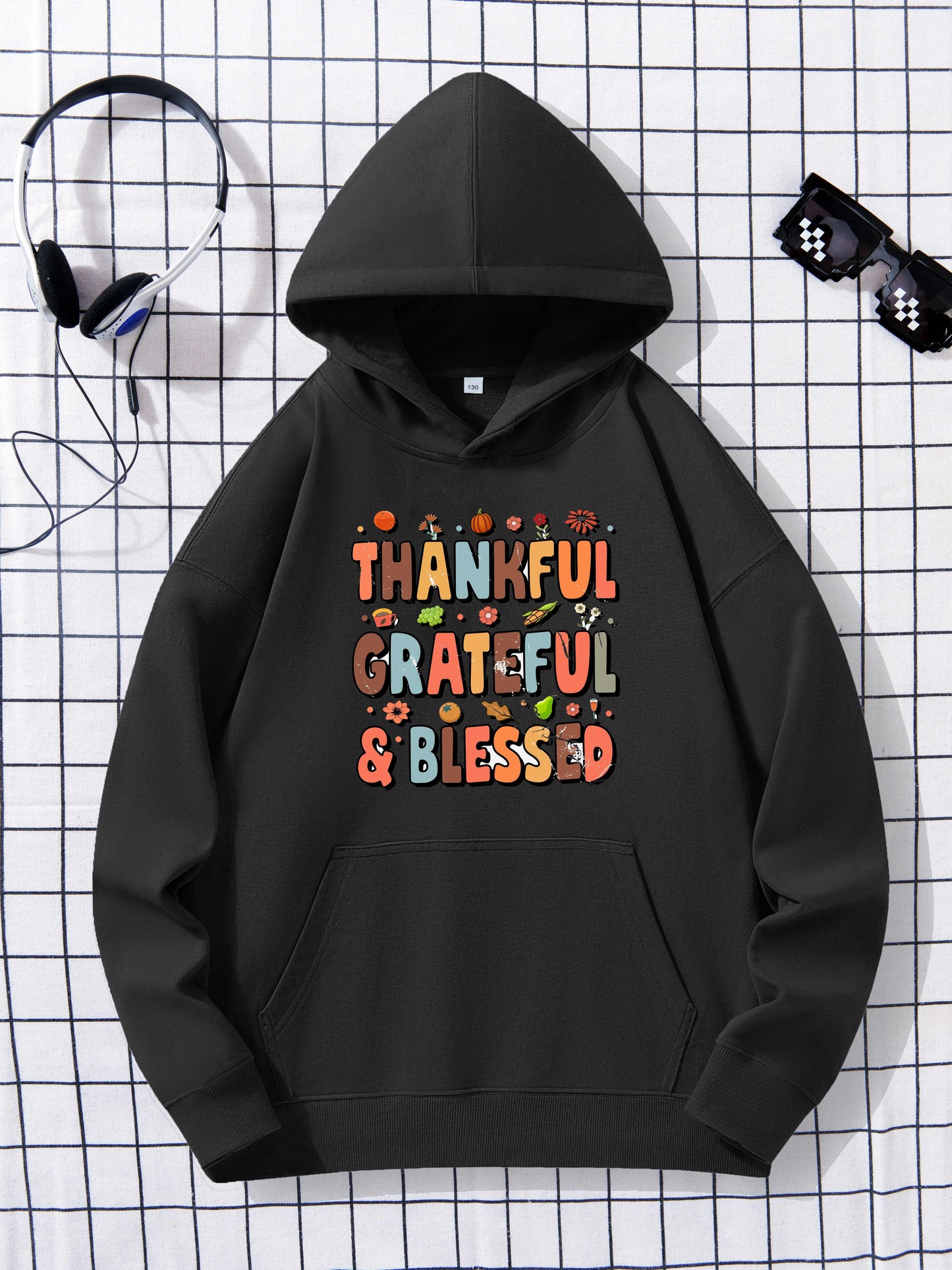 THANKFUL GRATEFUL BLESSED (thanksgiving themed) Youth Christian Pullover Hooded Sweatshirt claimedbygoddesigns