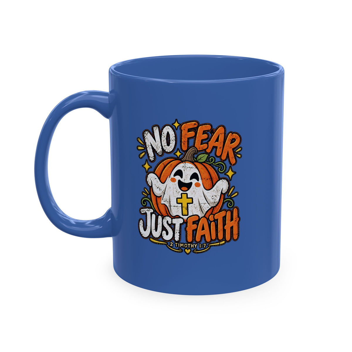 Halloween Ghost Christian Ceramic Mug — "No Fear, Just Faith" Pumpkin Coffee Cup