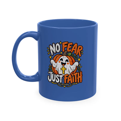 Halloween Ghost Christian Ceramic Mug — "No Fear, Just Faith" Pumpkin Coffee Cup
