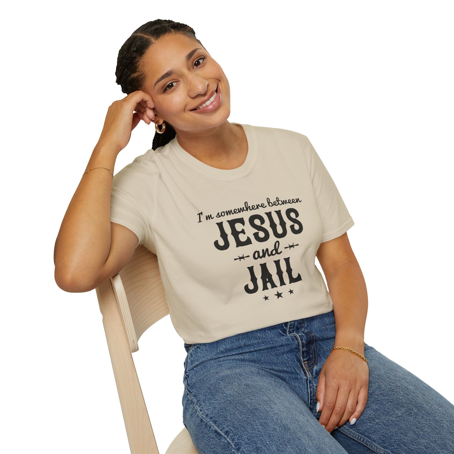 I'm Somewhere Between Jesus And Jail Funny Unisex Christian T-shirt