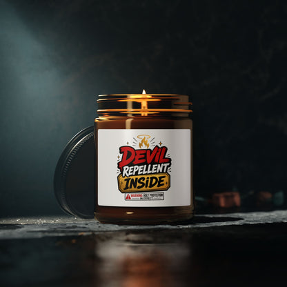 Soy Candle — “Devil Repellent Inside” Amber Jar (Scented, Multi - Size) - ClaimedbyGodDesigns