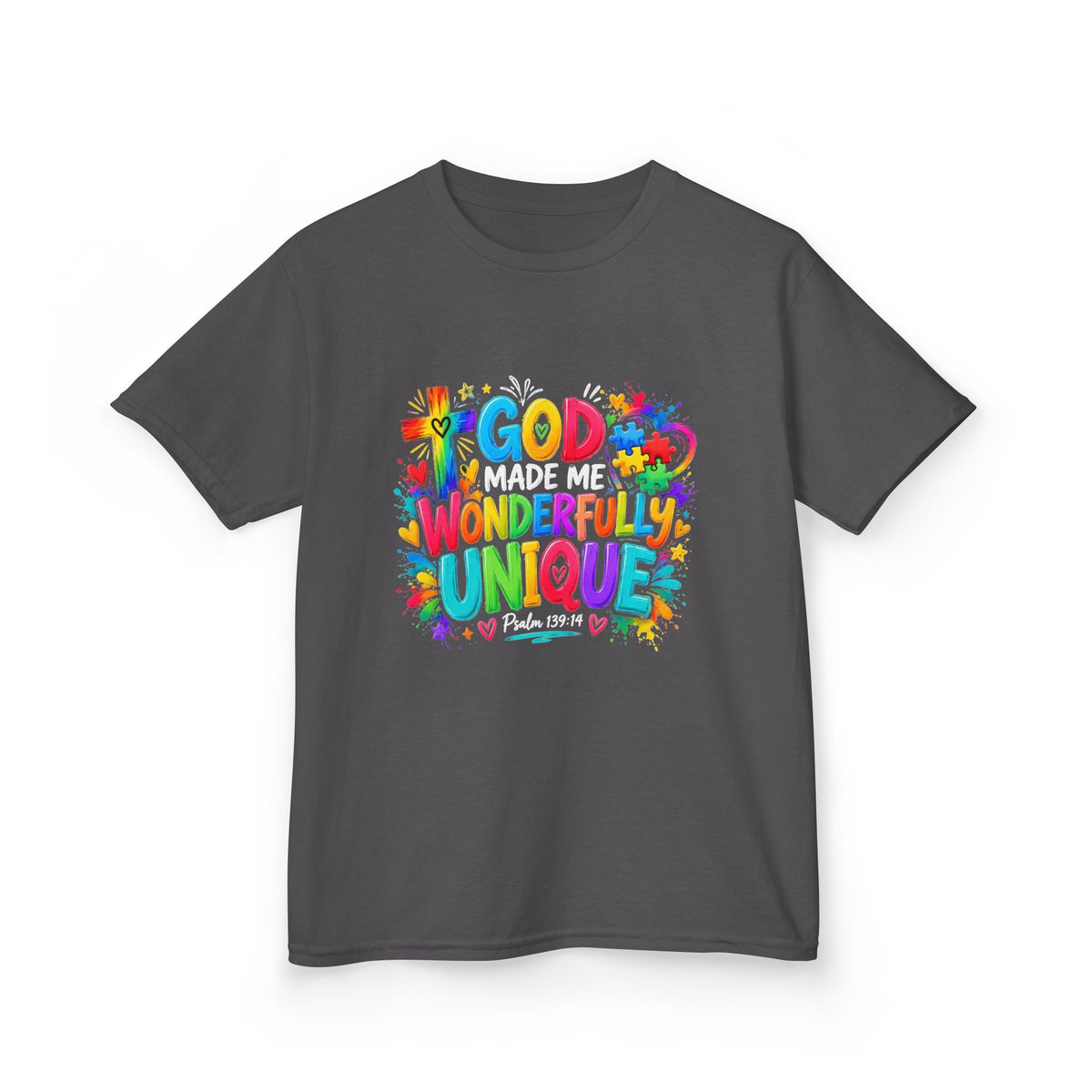 Youth Autism Awareness T-Shirt — "God Made Me Wonderfully Unique" Colorful Faith Tee