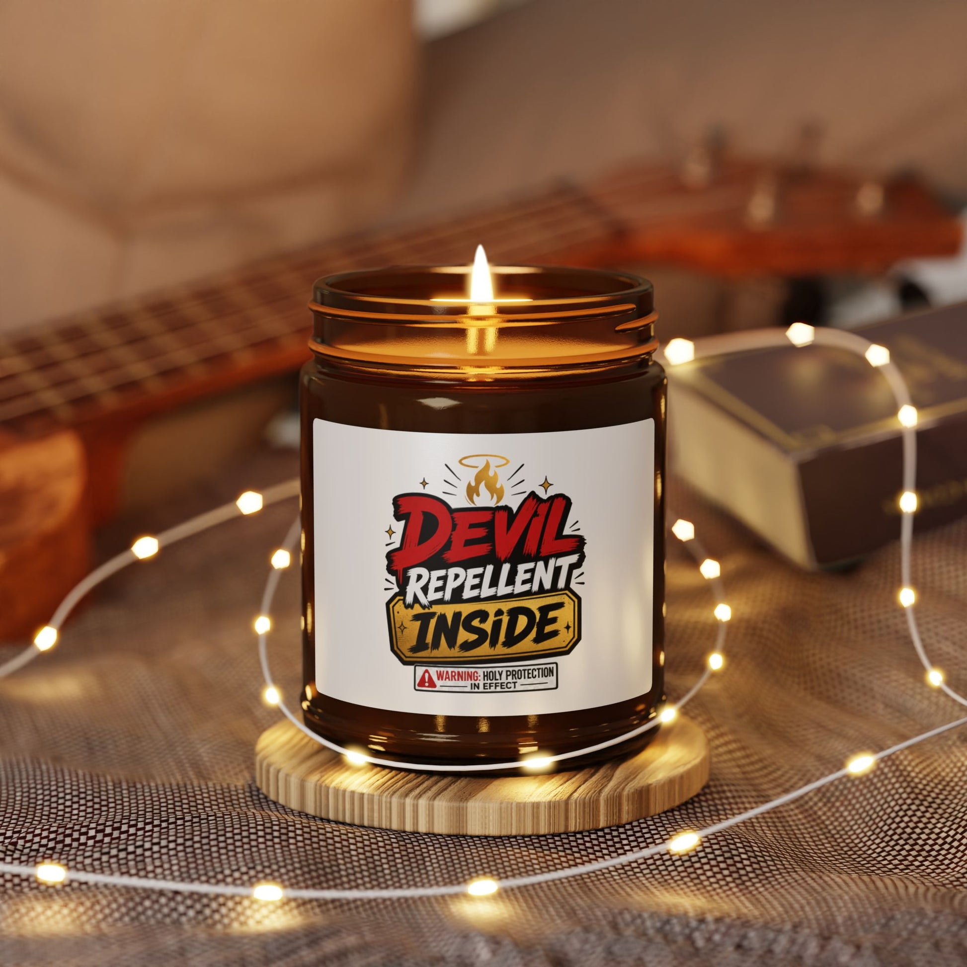 Soy Candle — “Devil Repellent Inside” Amber Jar (Scented, Multi - Size) - ClaimedbyGodDesigns