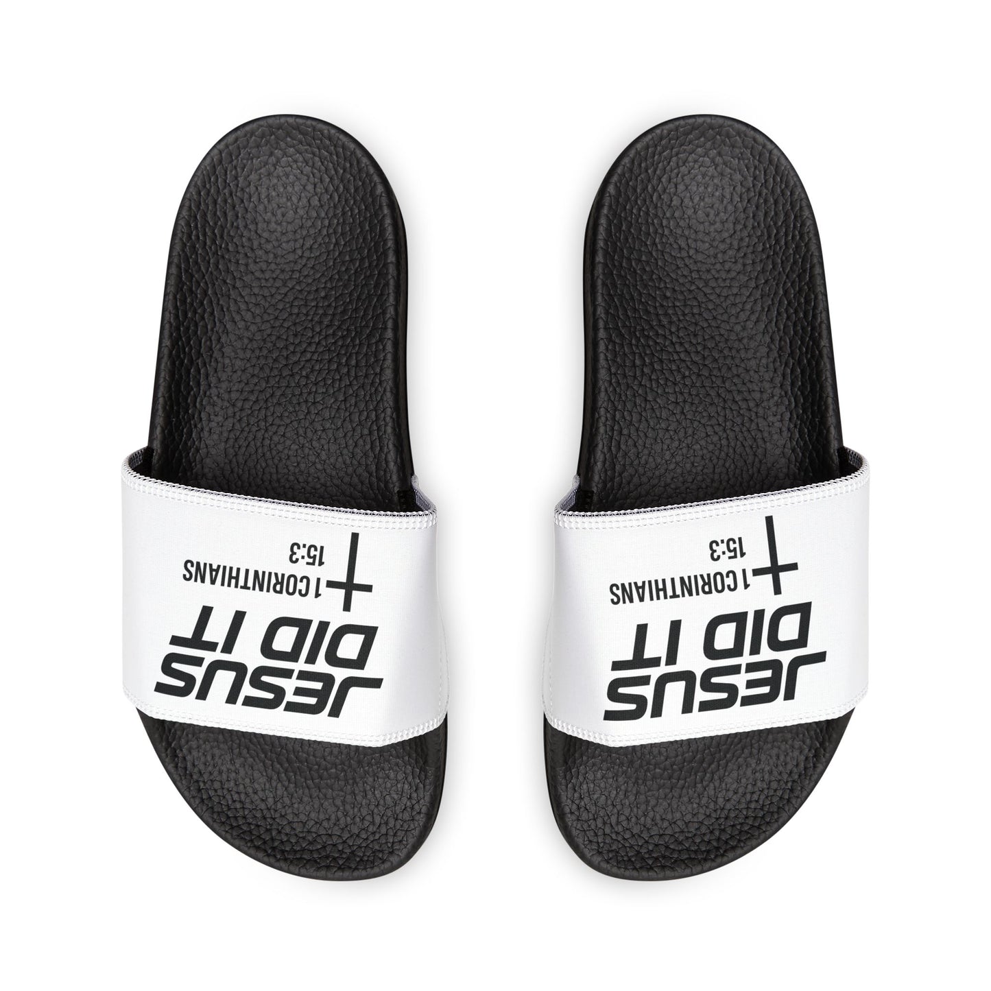 Youth 'He Did It' Christian Slide Sandals — 1 Corinthians 15:3 Faith Slides