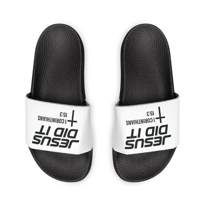 Youth 'He Did It' Christian Slide Sandals — 1 Corinthians 15:3 Faith Slides