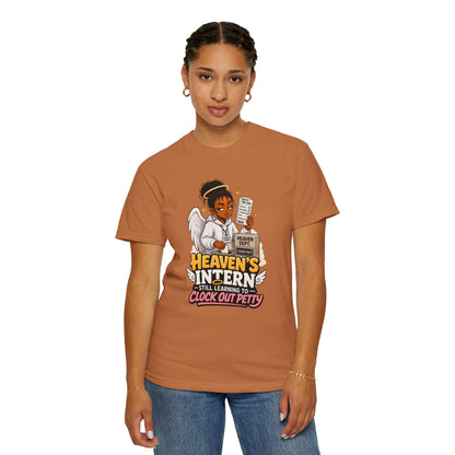 Heaven's Intern T-shirt – Funny Angel Nurse Tee ('Still Learning to Clock Out Petty')