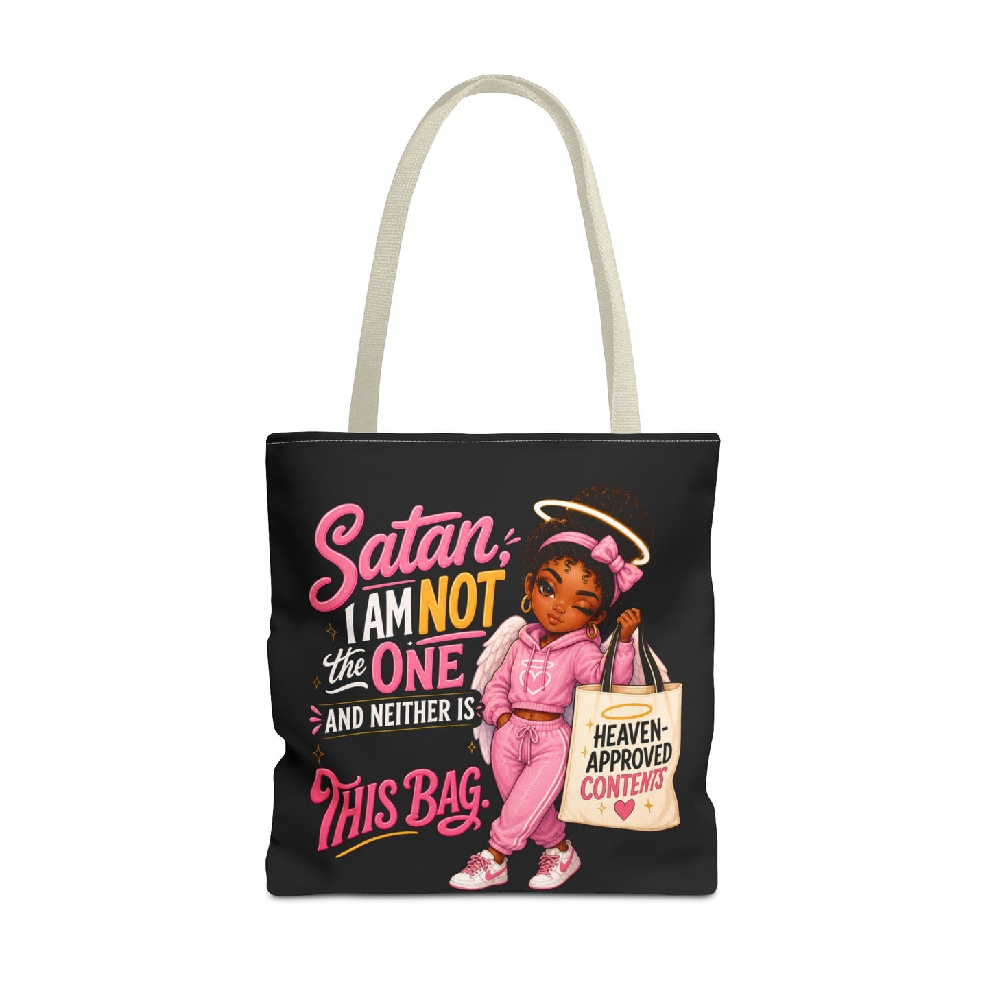 Tote Bag — "Satan I Am Not The One" Retro Angel Girl Tote (Heaven Approved Content) - ClaimedbyGodDesigns