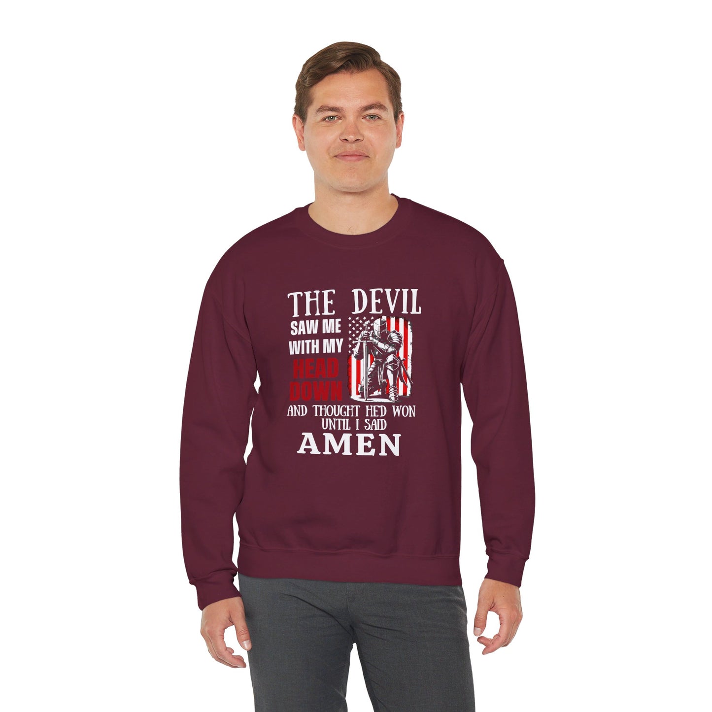 The Devil Saw Me With My Head Down And Thought He'd Won Until I Said Amen American Patriotic Flag Unisex Heavy Blend™ Crewneck Christian Sweatshirt