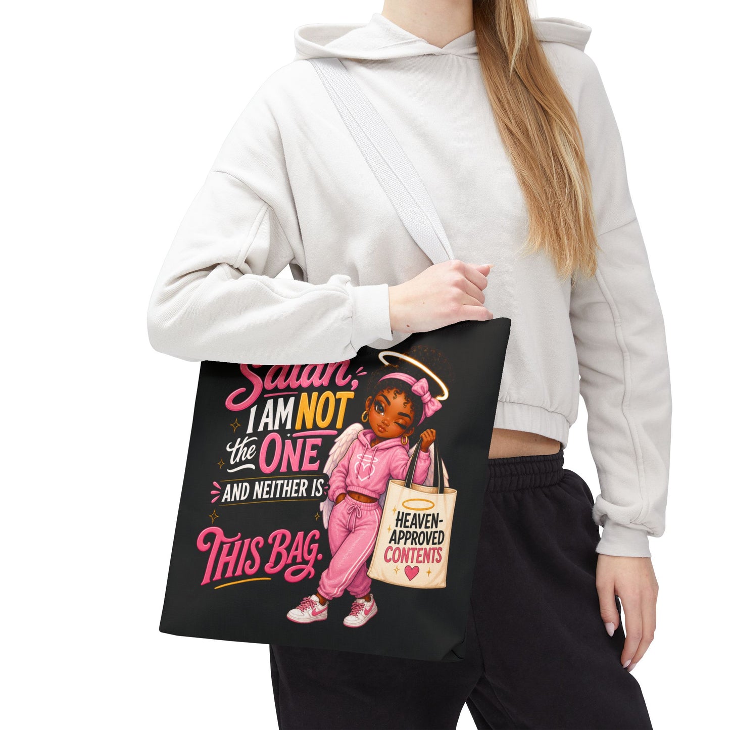 Tote Bag — "Satan I Am Not The One" Retro Angel Girl Tote (Heaven Approved Content) - ClaimedbyGodDesigns